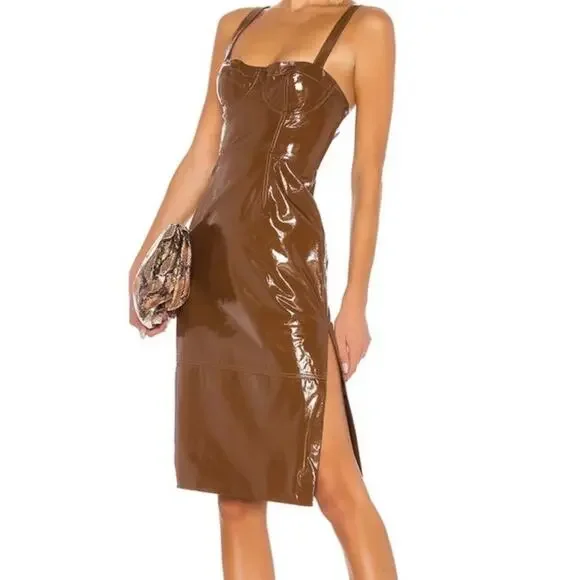 LPA x Revolve Ophelia 100% Leather Midi Dress Brown Women’s Size Small NWT - Picture 7 of 12